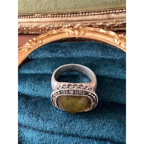 Signed LC Green Faceted Stone Ring Size 7 Boho Statement Tribal Style Abalone - Picture 8 of 12